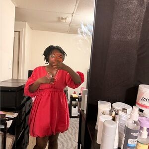 SHEIN Red Puff Sleeve V-Neck Bubble Hem Dress